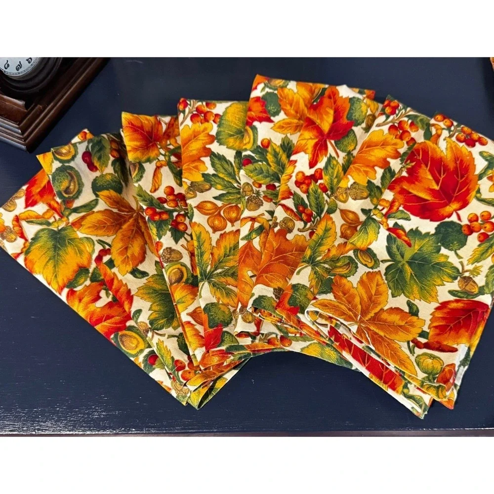 Vintage Handmade Fall Harvest Cloth Napkins Set of 6 Autumn Leaves Cotton